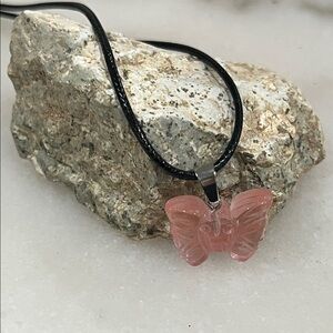 Pink Strawberry Quartz Butterfly Pendant Necklace